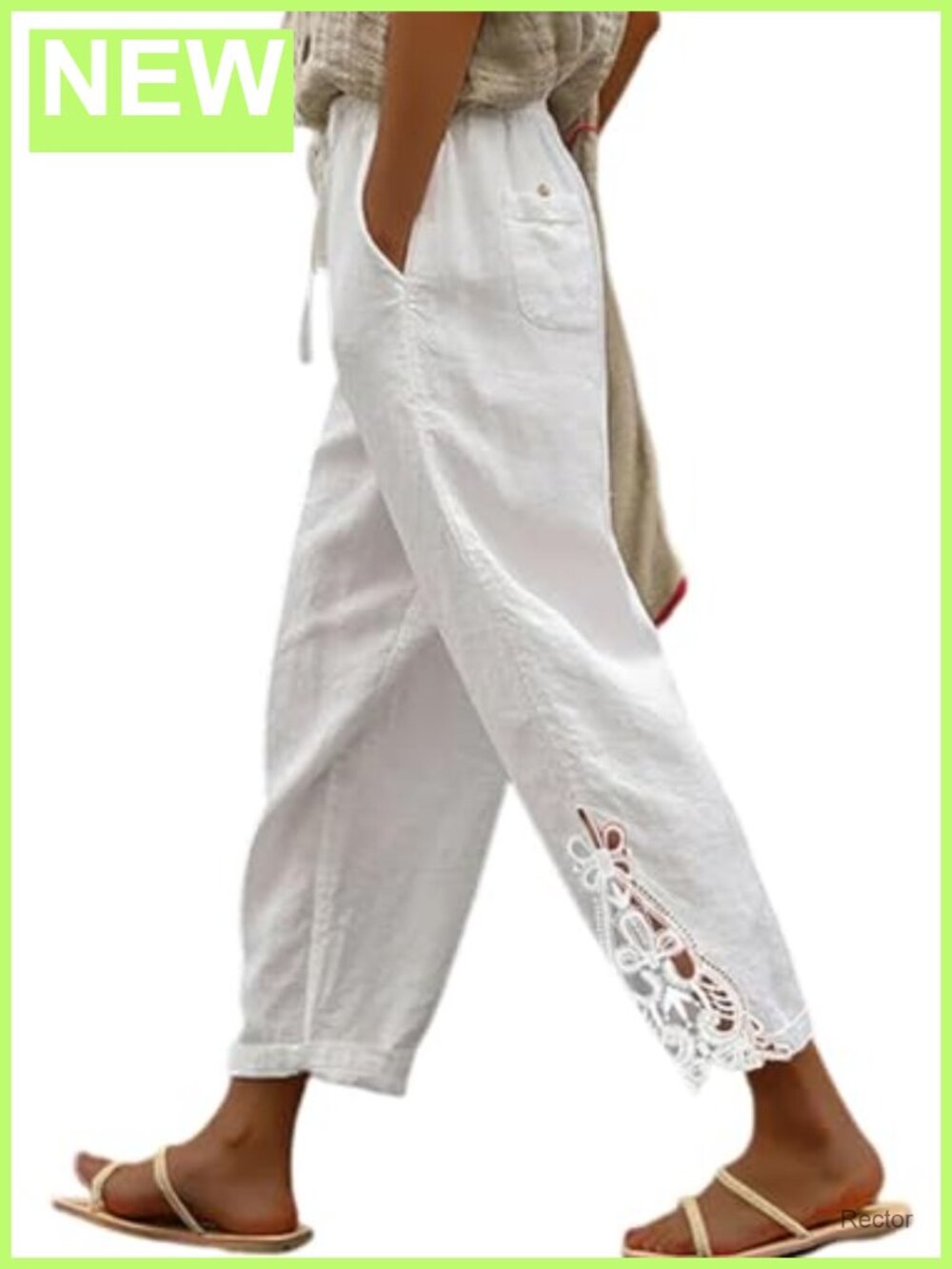 Lace Detail High Rise Wide Leg Casual Pants with Pockets